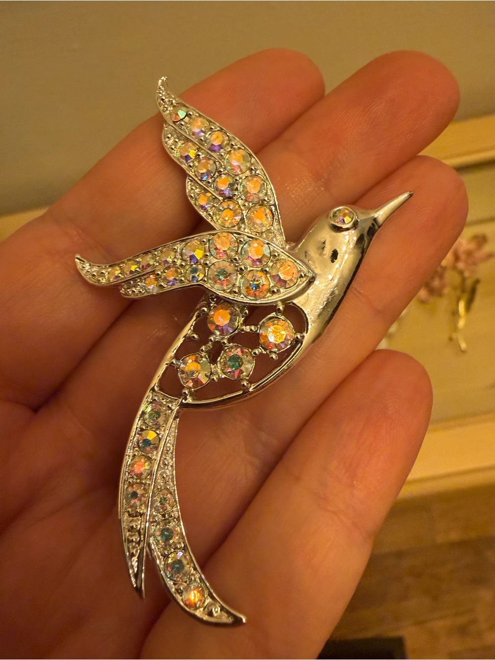 Silver-tone Hummingbird Brooch with Iridescent Crystals - Silver